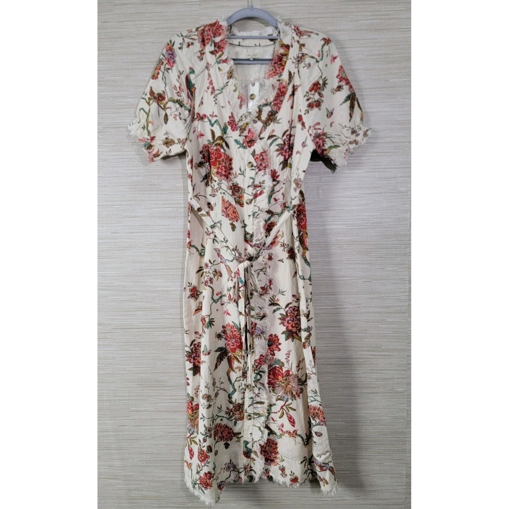 Anthropologie Cream Floral Wrap Midi Dress with Pink & Green Blooms